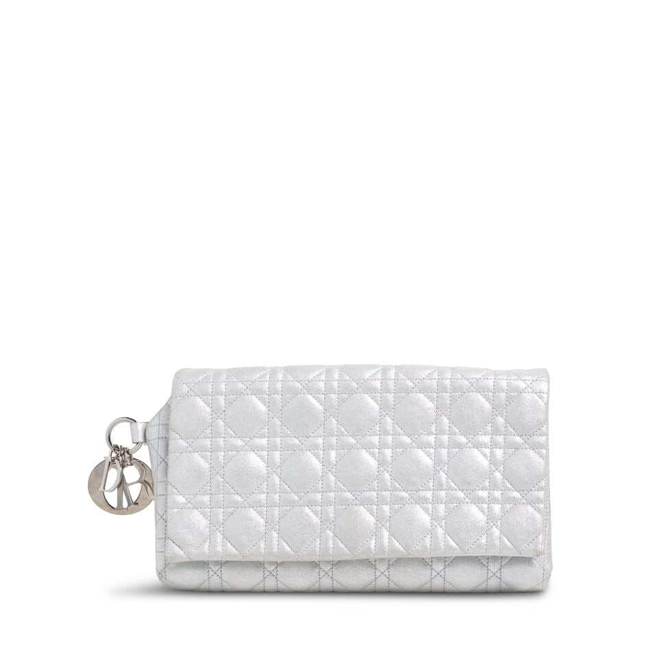 CHRISTIAN DIOR: METALLIC SILVER CANNAGE LEATHER LADY DIOR CLUTCH 2008 | John Galliano: CHRISTIAN DIOR: METALLIC SILVER CANNAGE LEATHER LADY DIOR CLUTCH 2008 | John Galliano • Metallic Gold Leather Cannage Quilted Exterior • Silver Tone Hardware and Logo Charm Detail •