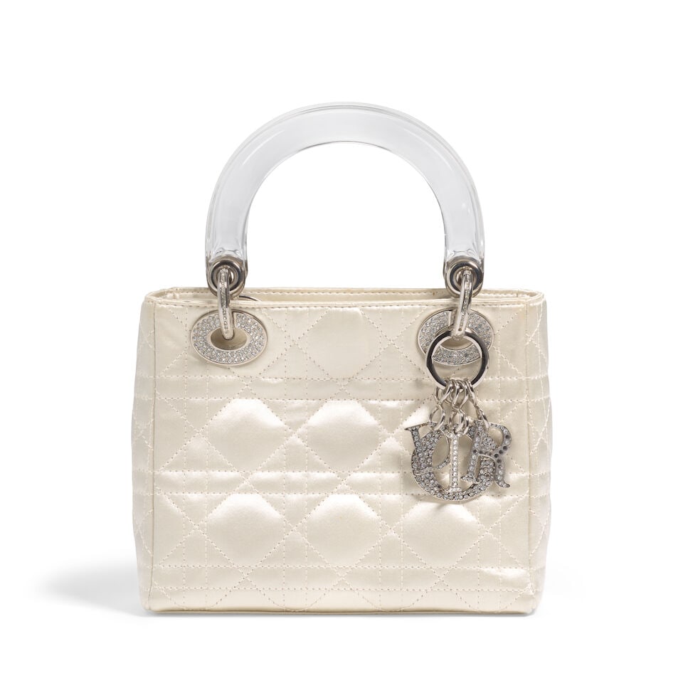 CHRISTIAN DIOR: CREAM CANNAGE SATIN EMBELLISHED MINI LADY DIOR 1997 | John Galliano: CHRISTIAN DIOR: CREAM CANNAGE SATIN EMBELLISHED MINI LADY DIOR 1997 | John Galliano • Cream Satin Cannage Quilted Exterior • Silver Tone Hardware with Crystal Embellished Detail • Fo