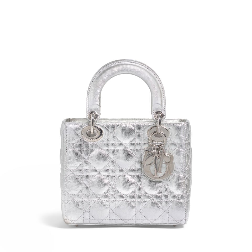 CHRISTIAN DIOR: SILVER CANNAGE LUCKY BADGES LADY DIOR 2018 | Maria Grazia Chiuri: CHRISTIAN DIOR: SILVER CANNAGE LUCKY BADGES LADY DIOR 2018 | Maria Grazia Chiuri • Silver Leather Cannage Quilted Exterior • Silver Tone Hardware and Protective Feet at Base •