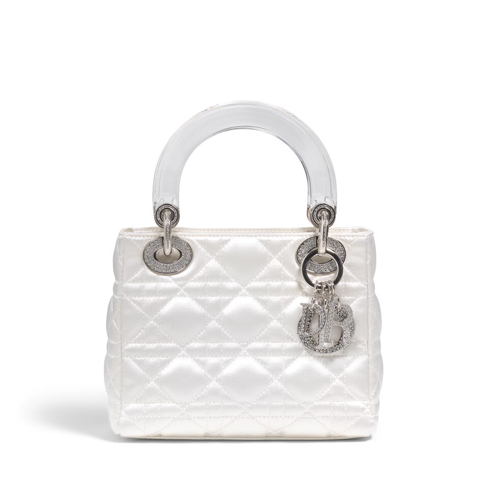 CHRISTIAN DIOR: WHITE CANNAGE SILK MINI LADY DIOR 2011 | John Galliano: CHRISTIAN DIOR: WHITE CANNAGE SILK MINI LADY DIOR 2011 | John Galliano • Cream Silk Cannage Quilted Exterior • Silver Tone Hardware with Crystal Embellished Detail • Fold In Flap Clo