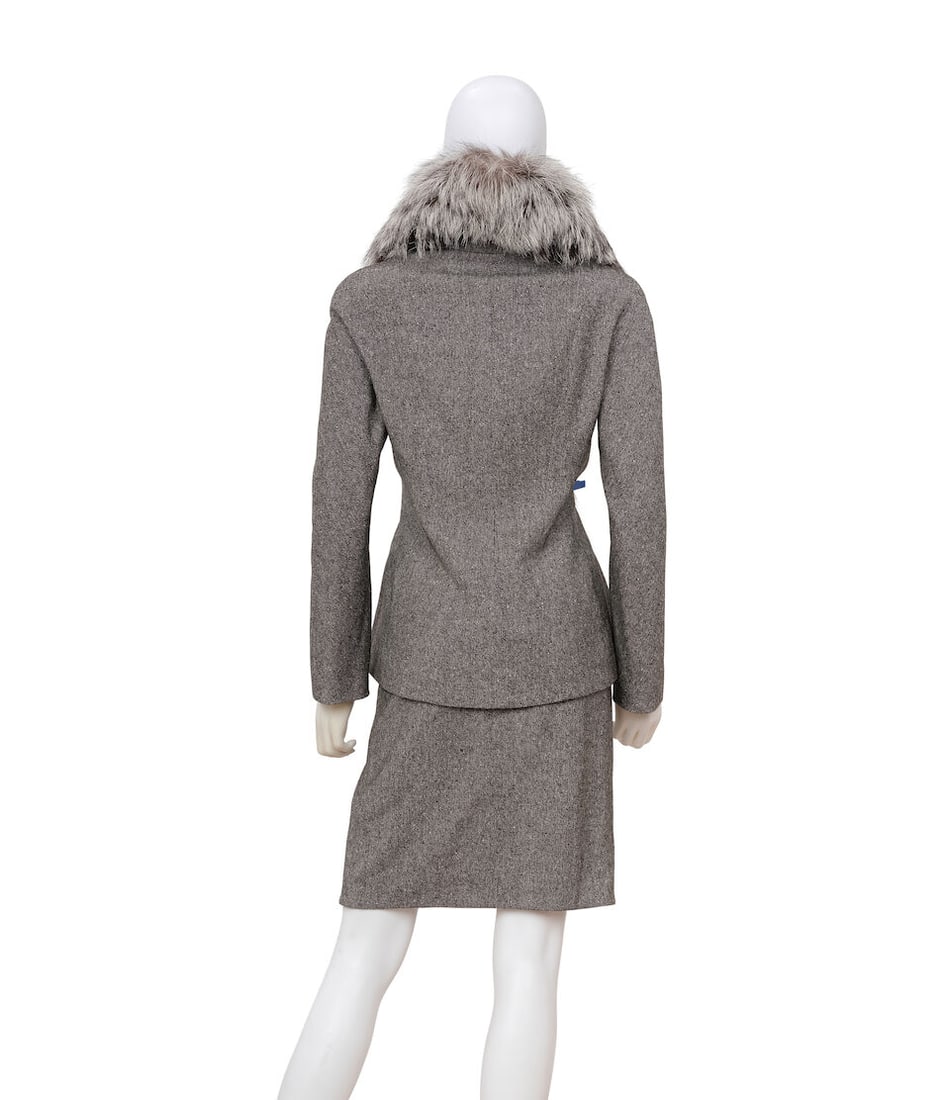 CHRISTIAN DIOR: GREY TWEED FUR TRIM SKIRT SUIT ENSEMBLE Fall 1998 | John Galliano - 2