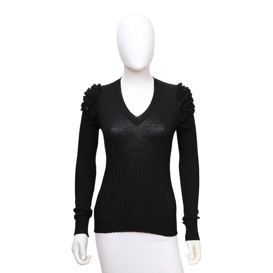 CHRISTIAN DIOR: BLACK RIBBED RUFFLE SHOULDER TOP Fall 2005 | John Galliano (1 of 2)