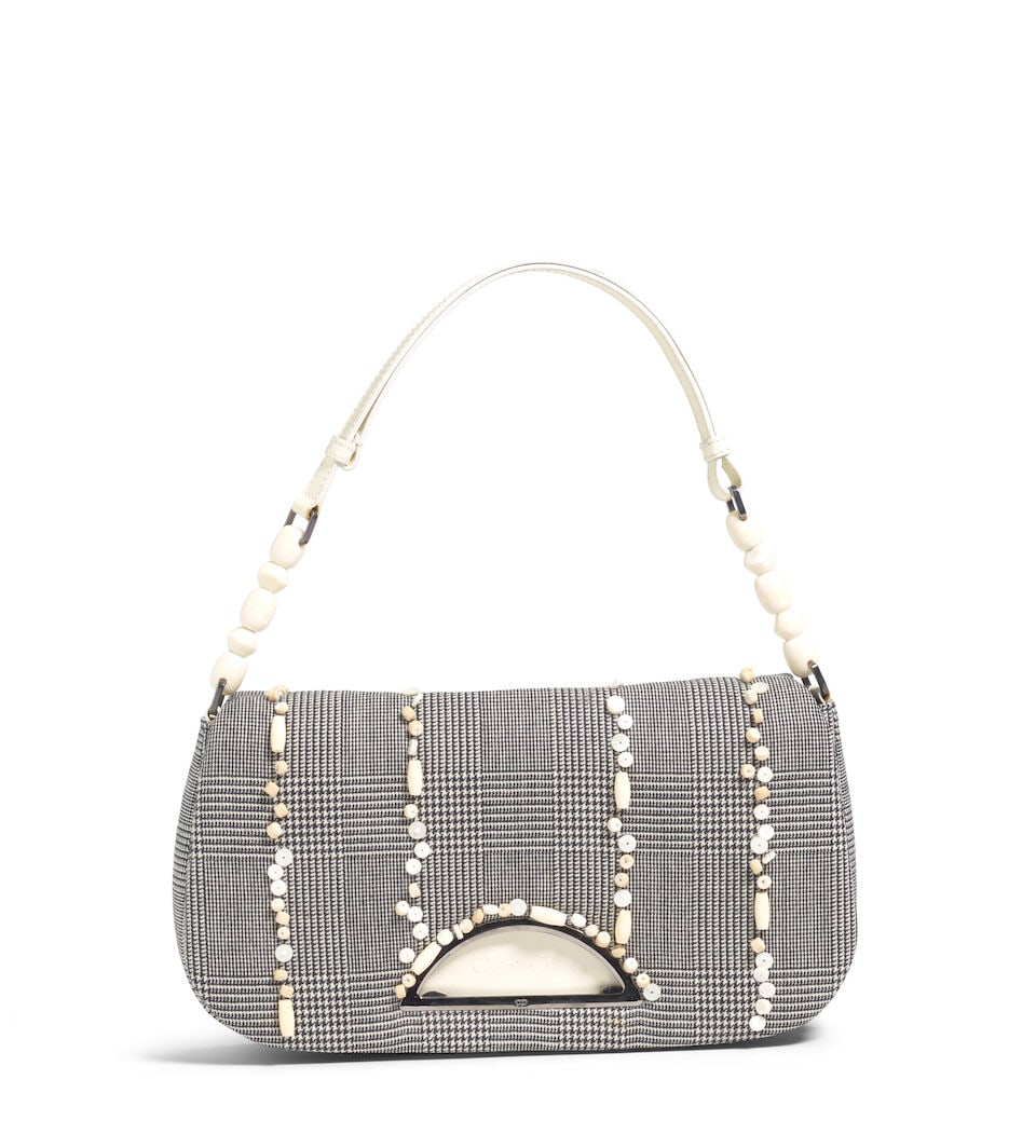 CHRISTIAN DIOR: PEARL GLEN CHECK BEADED MALICE BAG 1999 | John Galliano: CHRISTIAN DIOR: PEARL GLEN CHECK BEADED MALICE BAG 1999 | John Galliano • Black and White 'Pearl Glen' Check Jersey Exterior with Bead Trim Detail • Silver Tone Hardware • Flap Closu