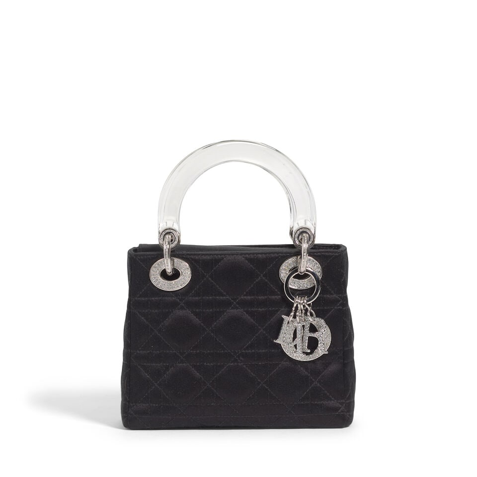 CHRISTIAN DIOR: BLACK SATIN CANNAGE MINI LADY DIOR 2002 | John Galliano: CHRISTIAN DIOR: BLACK SATIN CANNAGE MINI LADY DIOR 2002 | John Galliano • Black Satin Cannage Quilted Exterior • Silver Tone Hardware with Crystal Embellished Detail • Fold In Flap C