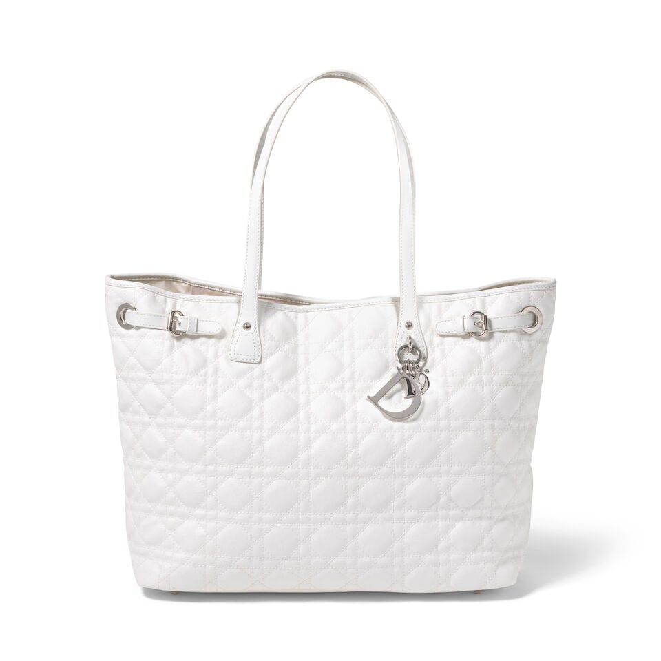 CHRISTIAN DIOR: WHITE CANNAGE COATED CANVAS MEDIUM PANAREA TOTE 2011 | John Galliano: CHRISTIAN DIOR: WHITE CANNAGE COATED CANVAS MEDIUM PANAREA TOTE 2011 | John Galliano • White Coated Canvas Cannage Quilted Exterior with Leather Trim Detail • Silver Tone Hardware and Prot