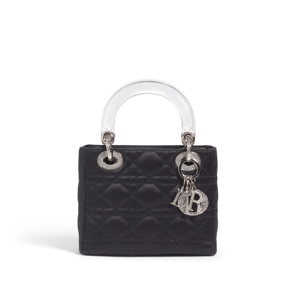 CHRISTIAN DIOR: BLACK CANNAGE QUILTED SATIN MINI LADY DIOR 1997 | John Galliano: CHRISTIAN DIOR: BLACK CANNAGE QUILTED SATIN MINI LADY DIOR 1997 | John Galliano • Black Satin Cannage Quilted Exterior • Silver Tone Hardware with Crystal Embellished Detail • Fold I