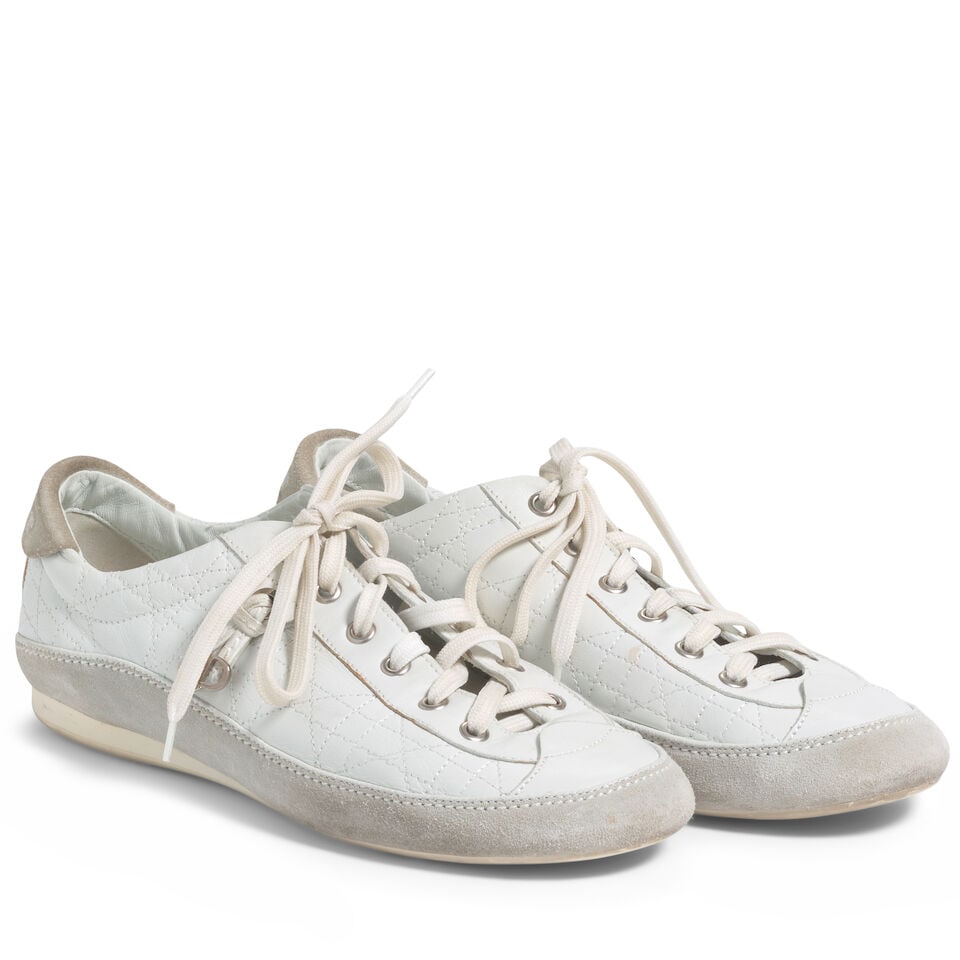 CHRISTIAN DIOR: WHITE LEATHER CANNAGE LOW TOP SNEAKERS (1 of 1)