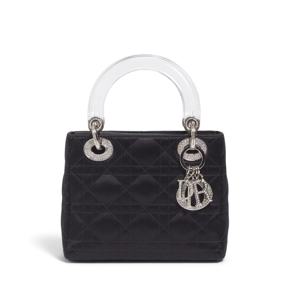 CHRISTIAN DIOR: BLACK CANNAGE SATIN MINI LADY DIOR 2004 | John Galliano: CHRISTIAN DIOR: BLACK CANNAGE SATIN MINI LADY DIOR 2004 | John Galliano • Black Satin Cannage Quilted Exterior • Silver Hardware with Crystal Embellished Detail • Fold In Flap Closur
