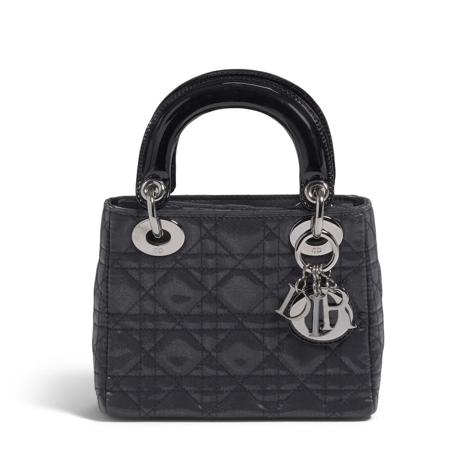 CHRISTIAN DIOR: BLACK IRIDESCENT CANNAGE SATIN MINI LADY DIOR 2003 | John Galliano: CHRISTIAN DIOR: BLACK IRIDESCENT CANNAGE SATIN MINI LADY DIOR 2003 | John Galliano • Black Iridescent Coated Satin Cannage Quilted Exterior • Gunmetal Tone Hardware and Protective Feet at