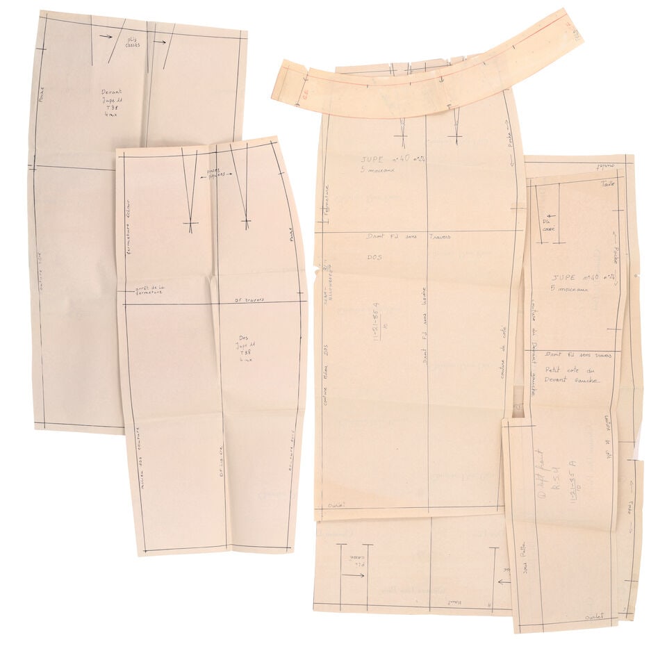 CHRISTIAN DIOR: A SET OF TWO PATTERNS WITH ACCOMPANYING SKETCH: 'VESTE' + 'SUIT' Late 20th Century: CHRISTIAN DIOR: A SET OF TWO PATTERNS WITH ACCOMPANYING SKETCH: 'VESTE' + 'SUIT' Late 20th Century • Creative Director: Marc Bohan • Two Pattern Sets and One Fashion Sketch • 'Veste'