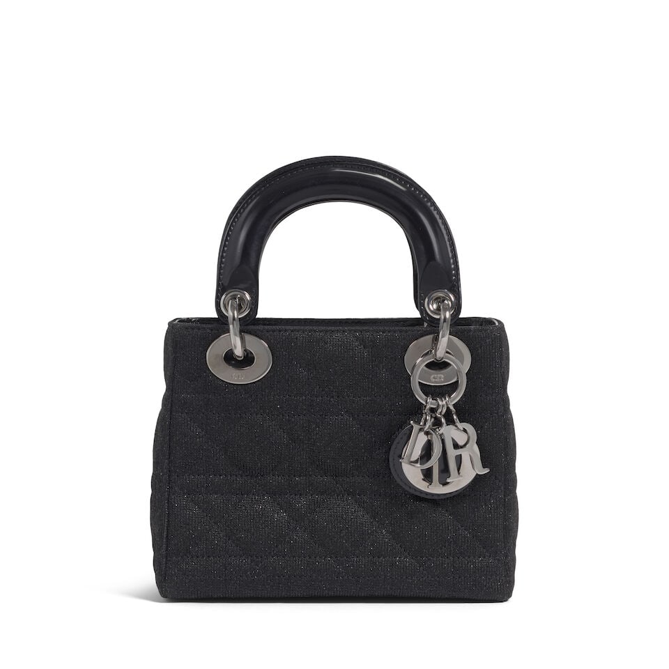 CHRISTIAN DIOR: BLACK CANNAGE LUREX WOOL MINI LADY DIOR 2003 | John Galliano: CHRISTIAN DIOR: BLACK CANNAGE LUREX WOOL MINI LADY DIOR 2003 | John Galliano • Black Lurex Wool Exterior • Gunmetal Tone Hardware • Patent Leather Fold In Flap Closure and Base ̶