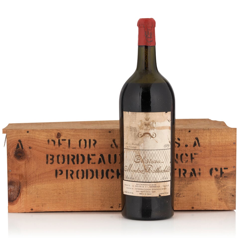 Chateau Mouton Rothschild, 1929 (1 bottle, 1.5L): Chateau Mouton Rothschild, 1929 (1 bottle, 1.5L) Region: Pauillac Fill Level: upper shoulder Capsule: oxidized, corroded, stained, worn, losses Label: damp and wine stained, faded, lightly scuffed and