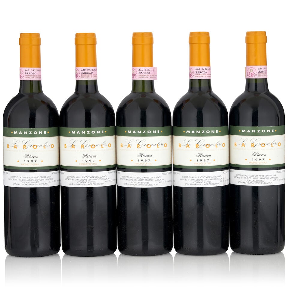 Manzone, Barolo Le Gramolere Riserva, 1997 (5 bottles, 750ml): Manzone, Barolo Le Gramolere Riserva, 1997 (5 bottles, 750ml) Region: Piedmont Fill Level: two into neck, one bottom neck, two very top shoulder Capsule: one loose Cork: slightly depressed Footnotes: