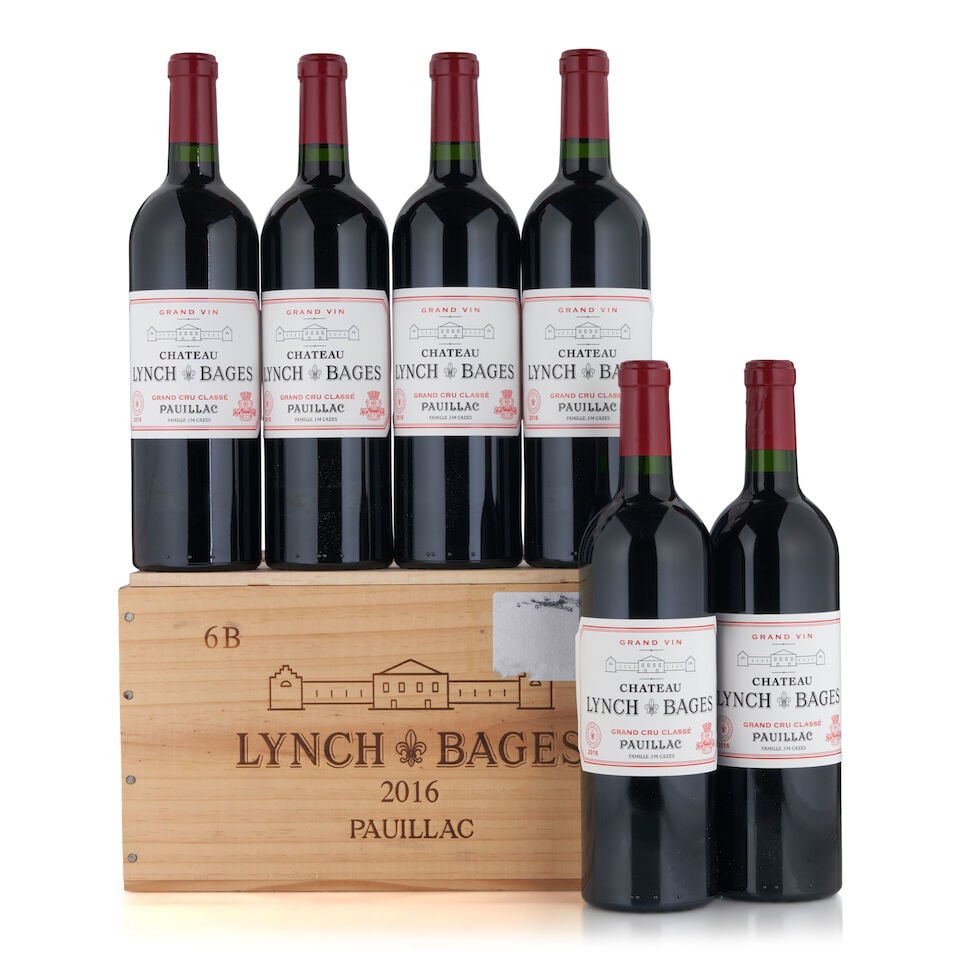 Chateau Lynch Bages, 2016 (6 bottles, 750ml): Chateau Lynch Bages, 2016 (6 bottles, 750ml) Region: Pauillac Label: three with slightly unaffixed edges Packaging: original wooden case Footnotes: Bordeaux, Left Bank This lot is subject to the