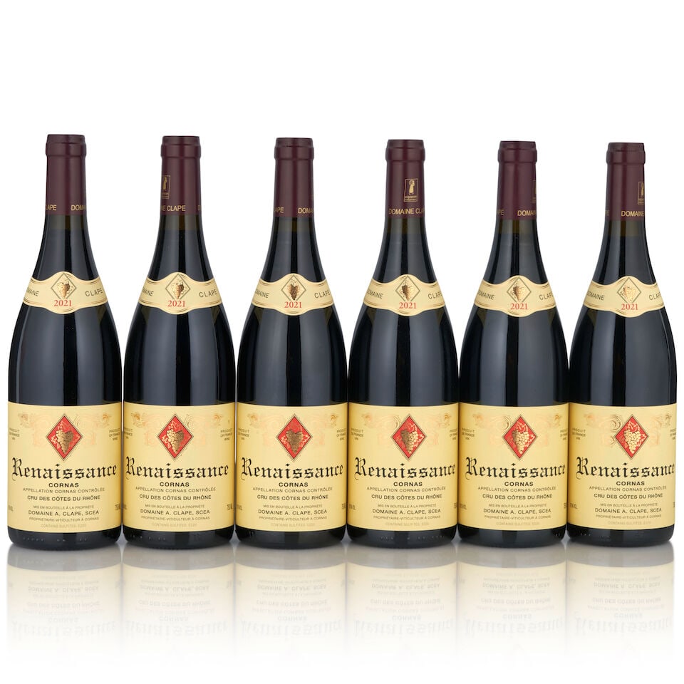 Clape, Cornas Renaissance, 2021 (6 bottles, 750ml): Clape, Cornas Renaissance, 2021 (6 bottles, 750ml) Region: Northern Rhone This lot is subject to the following lot symbols: • • Zero rated for tax, no tax will be added to the Hammer Price