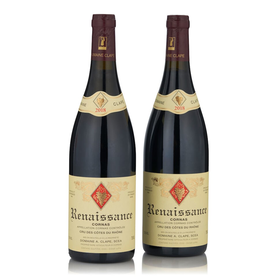 Clape, Cornas Renaissance, 2018 (2 bottles, 750ml): Clape, Cornas Renaissance, 2018 (2 bottles, 750ml) Region: Northern Rhone This lot is subject to the following lot symbols: • • Zero rated for tax, no tax will be added to the Hammer Price