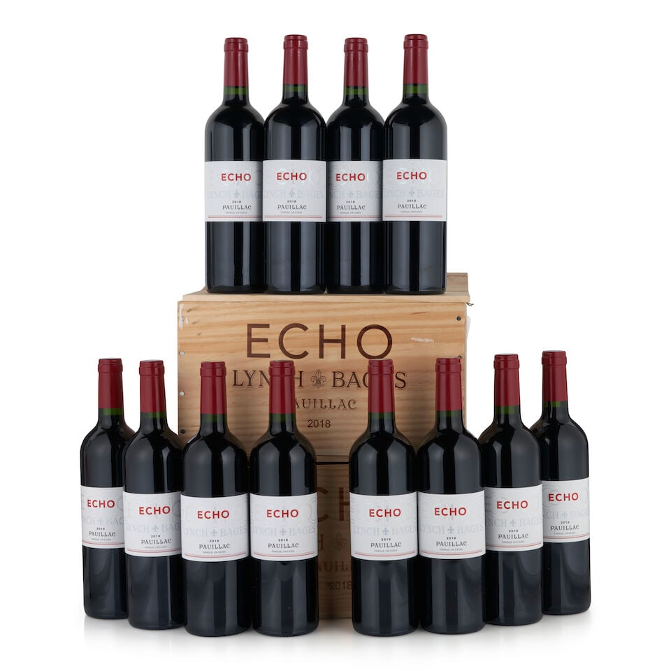 Echo de Lynch Bages, 2018 (12 bottles, 750ml): Echo de Lynch Bages, 2018 (12 bottles, 750ml) Region: Pauillac Packaging: two individual six-pack original wooden cases Footnotes: Bordeaux, Left Bank This lot is subject to the following lot