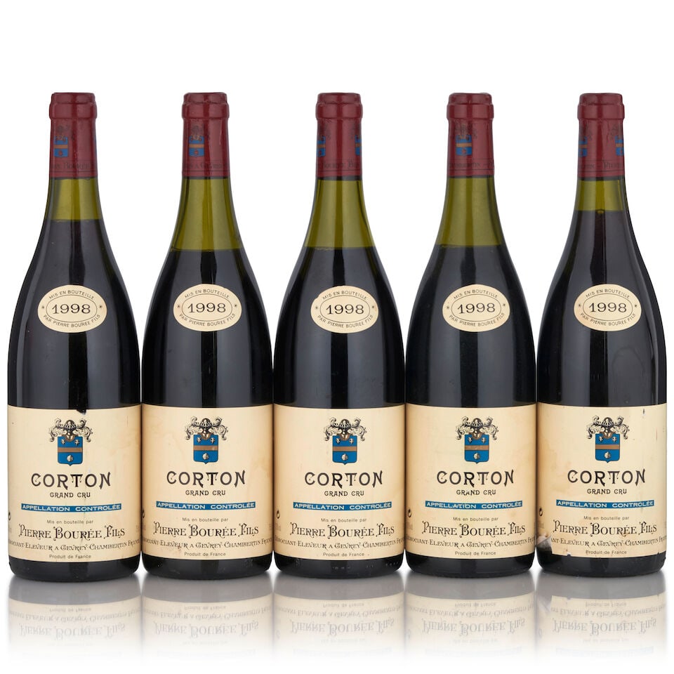 Pierre Bouree Corton, 1998 (5 bottles, 750ml): Pierre Bouree Corton, 1998 (5 bottles, 750ml) Region: Cote de Nuits Fill Level: two 2cm, two 4cm, one 4.5cm Label: lightly bin marked and two nicked Footnotes: Burgundy This lot is subject to the