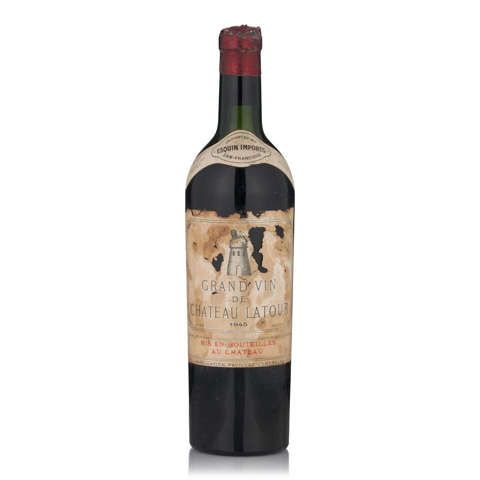 Chateau Latour, 1945 (1 bottle, 750ml): Chateau Latour, 1945 (1 bottle, 750ml) Region: Pauillac Fill Level: just below top shoulder Capsule: worn, corroded, bin soiled, small losses Packaging: stained, faded, losses Footnotes: Bordeaux, Lef
