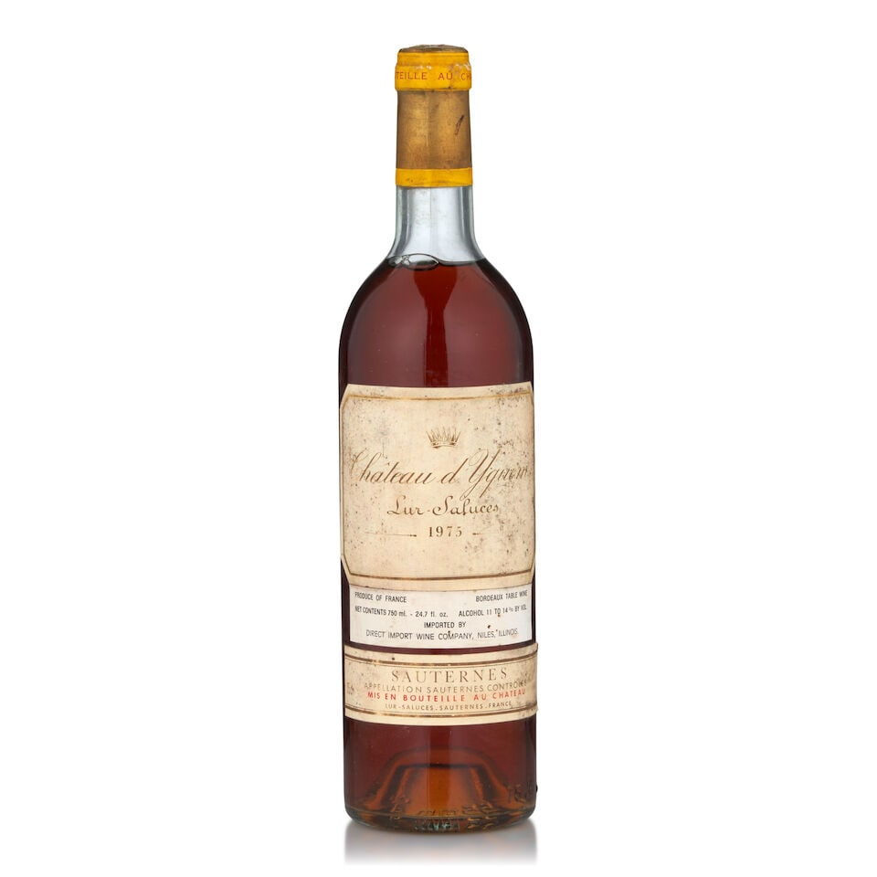 Chateau d'Yquem, 1975 (1 bottle, 750ml): Chateau d'Yquem, 1975 (1 bottle, 750ml) Region: Sauternes Fill Level: top shoulder Capsule: worn, stained, discolored, lightly corroded Label: glue striped, stained, bin soiled Miscellaneous: signs of