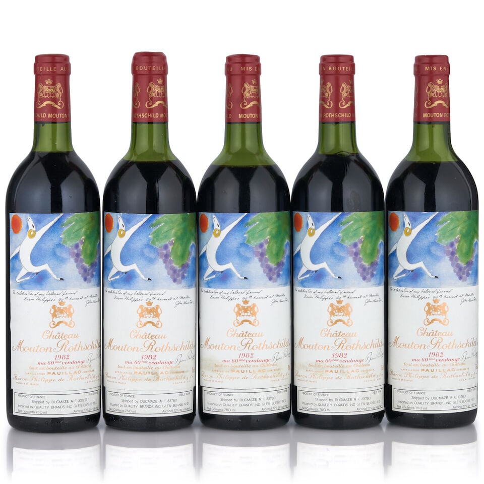 Chateau Mouton Rothschild, 1982 (5 bottles, 750ml): Chateau Mouton Rothschild, 1982 (5 bottles, 750ml) Region: Pauillac Fill Level: one very top shoulder, one top shoulder, three just below top shoulder Label: three stained, one nicked at edge, one lig