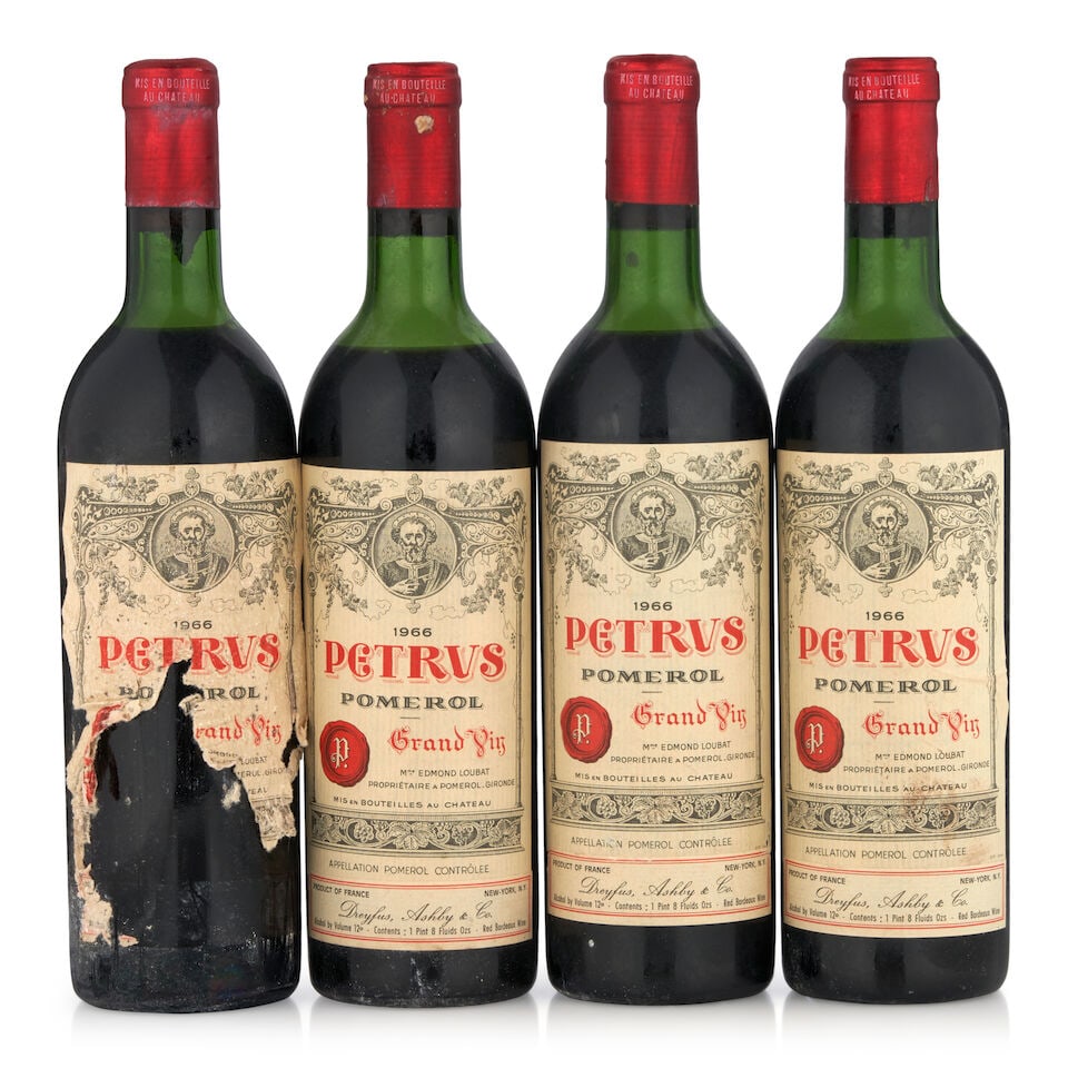 Chateau Petrus, 1966 (4 bottles, 750ml): Chateau Petrus, 1966 (4 bottles, 750ml) Region: Pomerol Fill Level: top shoulder, two just below top shoulder, one upper shoulder Capsule: corroded, bin soiled, slightly nicked Label: three lightly bi