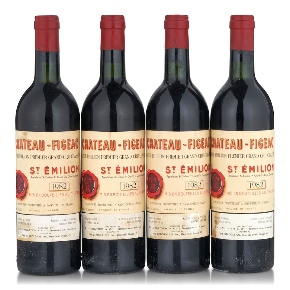 Chateau Figeac, 1982 (4 bottles, 750ml): Chateau Figeac, 1982 (4 bottles, 750ml) Region: St. Emilion Fill Level: one into neck, two bottom neck, one very top shoulder Capsule: losses, worn, wrinkled Label: lightly stained, wrinkled Footnotes