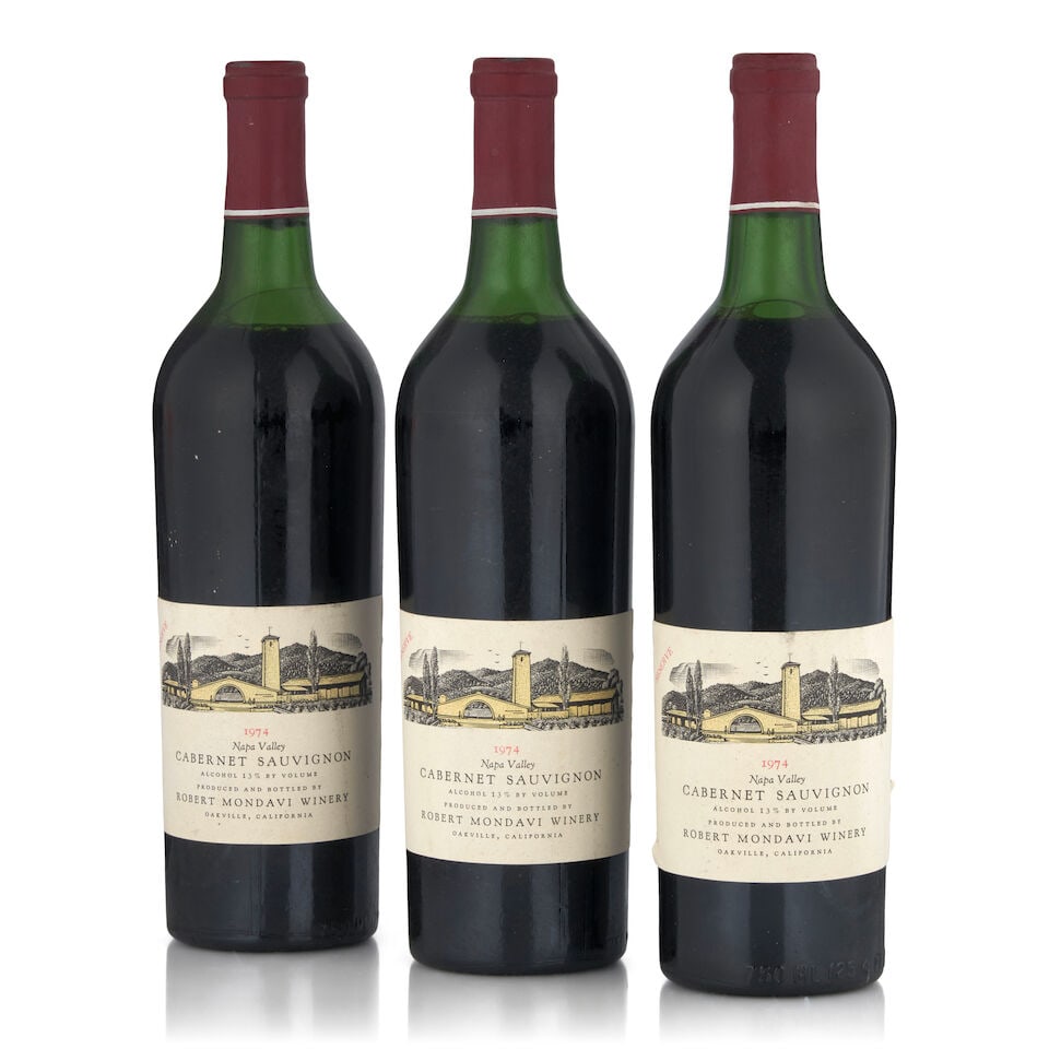 Robert Mondavi, Reserve Cabernet Sauvignon, 1974 (3 bottles, 750ml): Robert Mondavi, Reserve Cabernet Sauvignon, 1974 (3 bottles, 750ml) Region: Napa Valley Fill Level: one top shoulder, one very top shoulder, one just below top shoulder Label: stained, bin soiled Foot