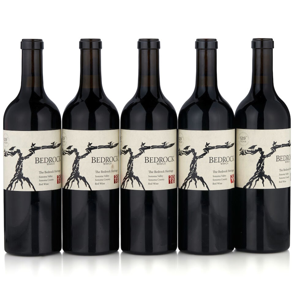 Bedrock The Bedrock Heritage, 2016 (5 bottles, 750ml): Bedrock The Bedrock Heritage, 2016 (5 bottles, 750ml) Region: Sonoma Label: one creased Footnotes: California This lot is subject to the following lot symbols: • • Zero rated for tax, no t