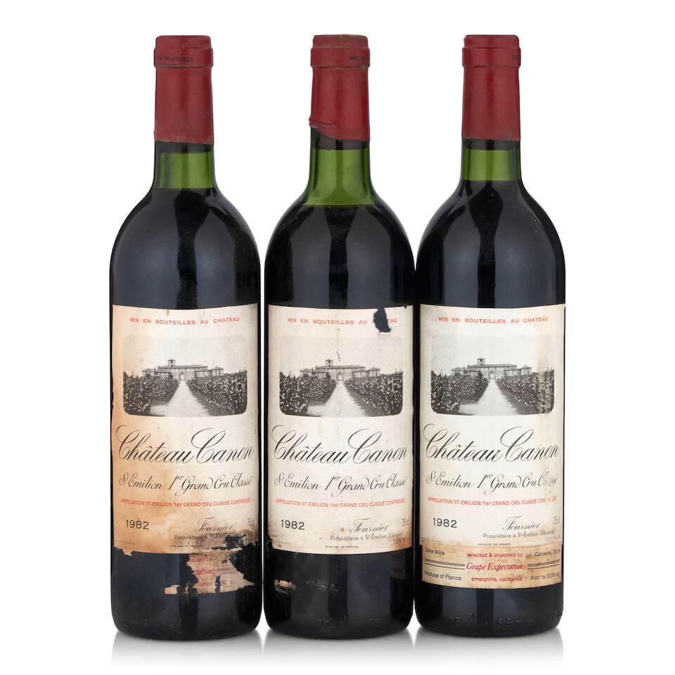 Chateau Canon, 1982 (3 bottles, 750ml): Chateau Canon, 1982 (3 bottles, 750ml) Region: St. Emilion Fill Level: two bottom neck, one just below top shoulder Capsule: worn, one oxidized Label: stained, one scuffed and nicked Footnotes: Bordea