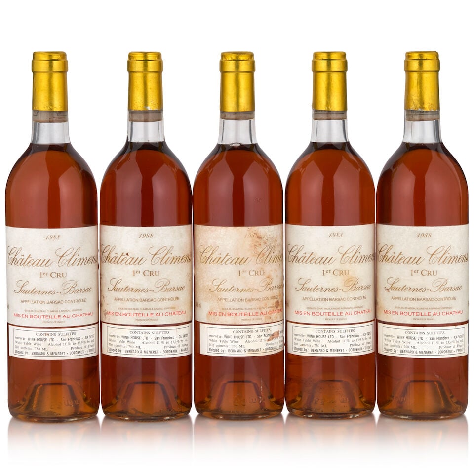 Chateau Climens, 1988 (5 bottles, 750ml): Chateau Climens, 1988 (5 bottles, 750ml) Region: Sauternes Fill Level: bottom neck or better Capsule: one lightly nicked Label: lightly wrinkled, three discolored, one bin soiled, one heavily bin soil