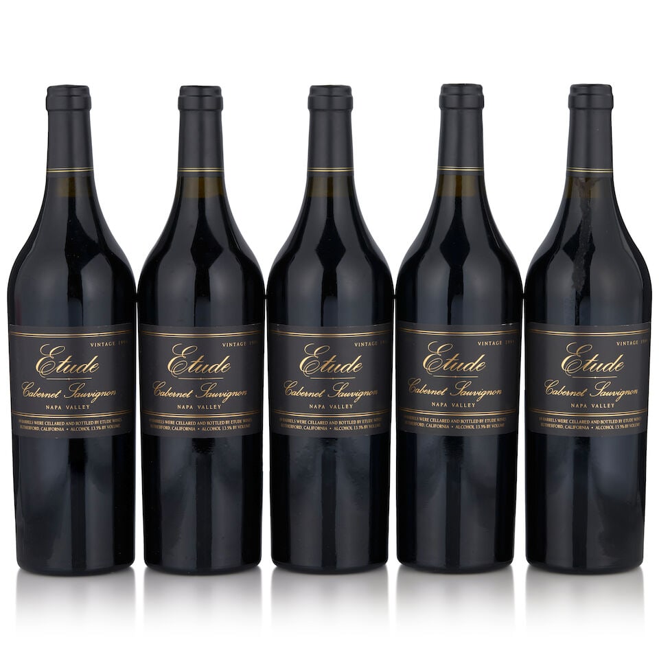 Etude Cabernet Sauvignon, 1994 (5 bottles, 750ml): Etude Cabernet Sauvignon, 1994 (5 bottles, 750ml) Region: Napa Valley Fill Level: 1.5cm or better Miscellaneous: one with signs of old seepage Footnotes: California This lot is subject to the
