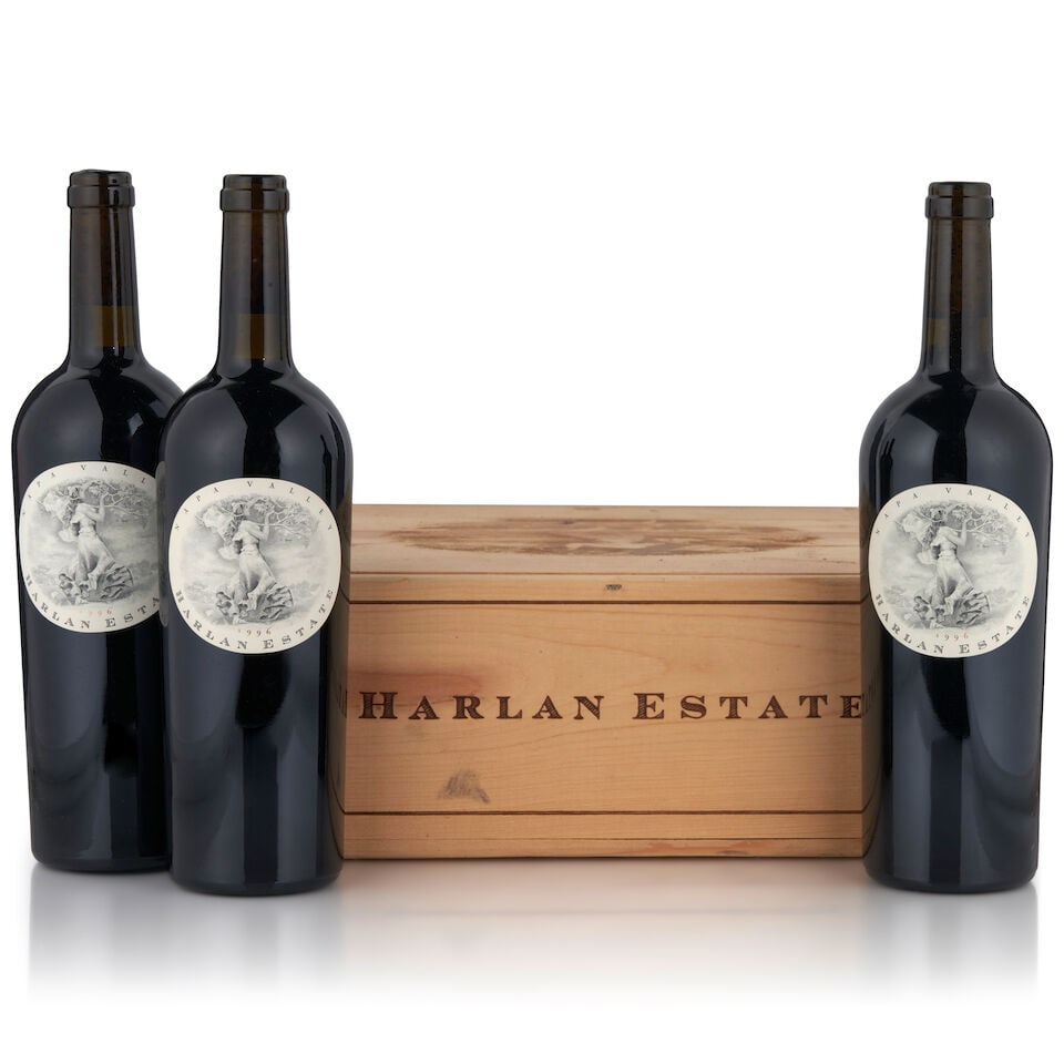 Harlan Estate, 1996 (3 bottles, 750ml): Harlan Estate, 1996 (3 bottles, 750ml) Region: Napa Valley Fill Level: bottom neck Packaging: original wooden case Footnotes: California This lot is subject to the following lot symbols: • ̶