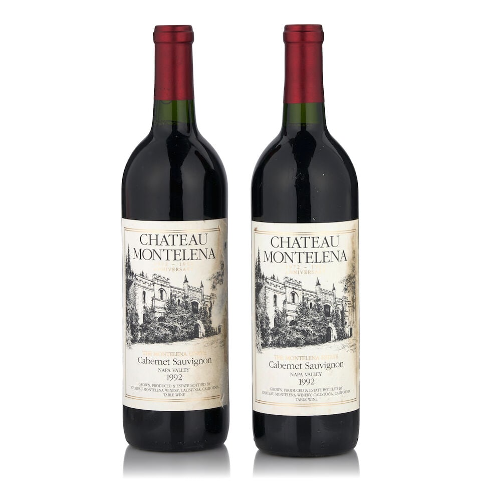 Chateau Montelena Cabernet Sauvignon The Montelena Estate, 1992 (2 bottles, 750ml): Chateau Montelena Cabernet Sauvignon The Montelena Estate, 1992 (2 bottles, 750ml) Region: Napa Valley Fill Level: bottom neck Label: bin soiled, one scuffed with losses Footnotes: California This lot