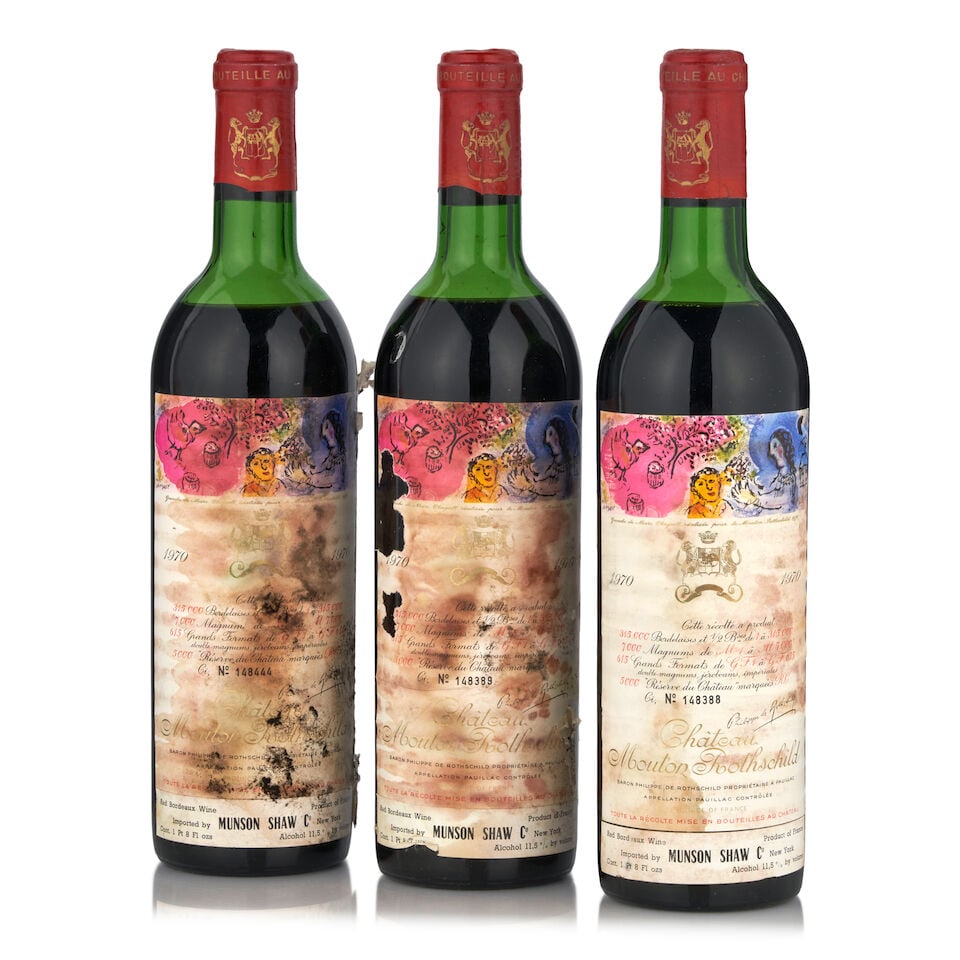 Chateau Mouton Rothschild, 1970 (3 bottles, 750ml): Chateau Mouton Rothschild, 1970 (3 bottles, 750ml) Region: Pauillac Fill Level: two top shoulder, one just below top shoulder Label: one lightly wrinkled and stained, two more heavily stained, bin soi