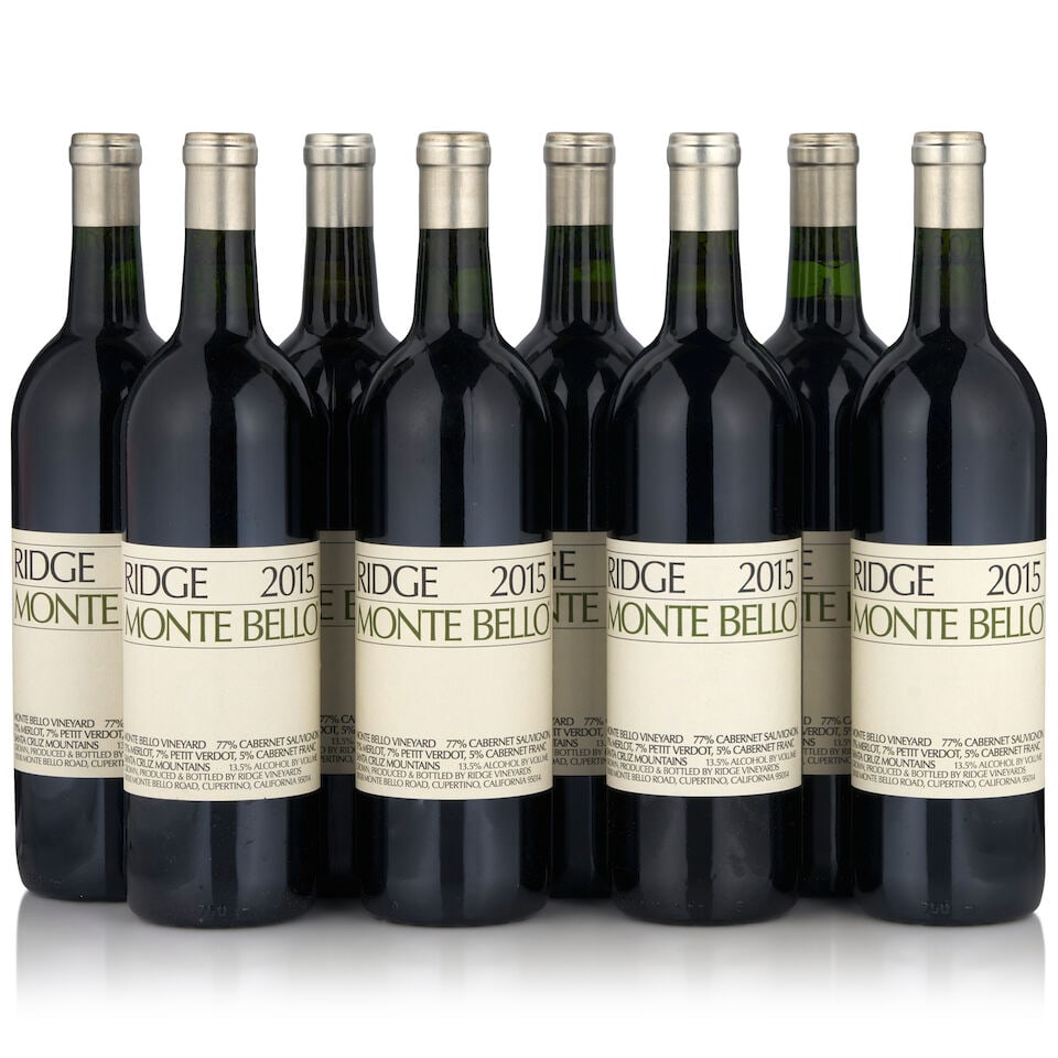 Ridge Monte Bello, 2015 (8 bottles, 750ml): Ridge Monte Bello, 2015 (8 bottles, 750ml) Region: Santa Cruz Mountains Label: five lightly wrinkled Footnotes: California This lot is subject to the following lot symbols: • • Zero rated