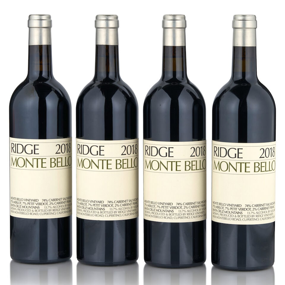 Ridge Monte Bello, 2018 (4 bottles, 750ml): Ridge Monte Bello, 2018 (4 bottles, 750ml) Region: Santa Cruz Mountains Footnotes: California This lot is subject to the following lot symbols: • • Zero rated for tax, no tax will be added