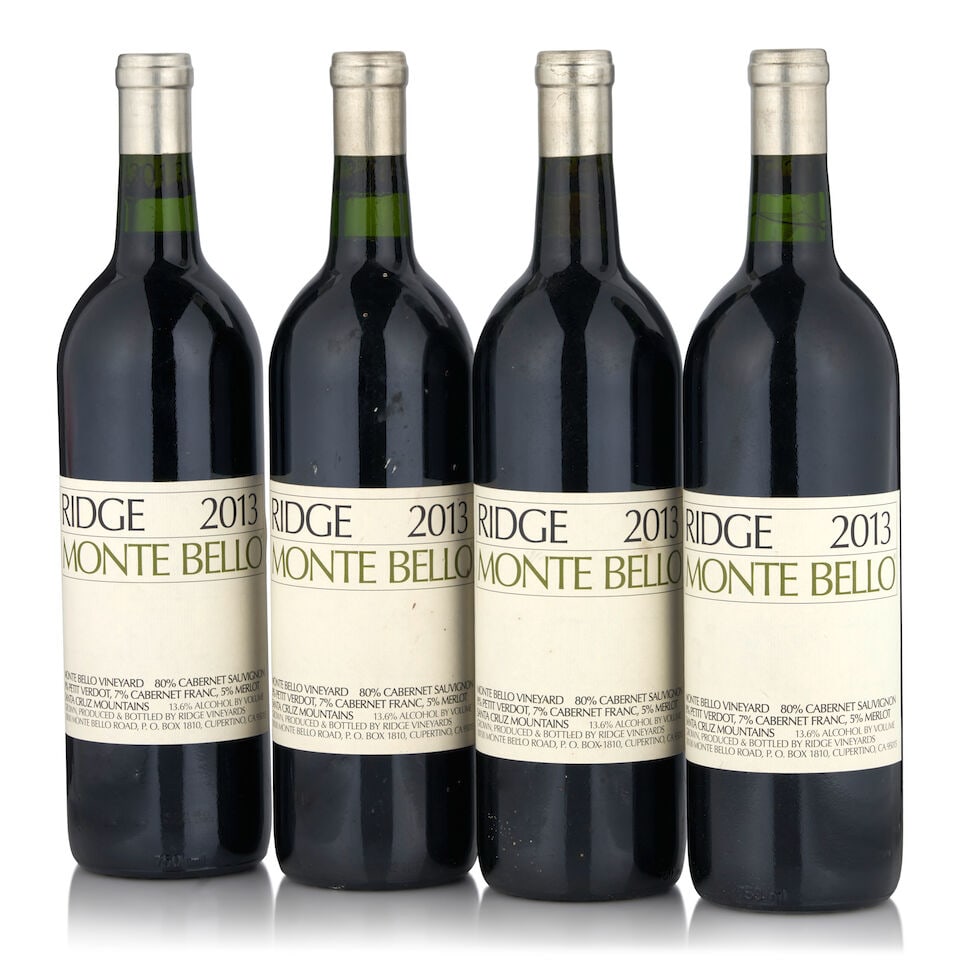 Ridge Monte Bello, 2013 (4 bottles, 750ml): Ridge Monte Bello, 2013 (4 bottles, 750ml) Region: Santa Cruz Mountains Label: one lightly stained, one lightly scuffed Footnotes: California This lot is subject to the following lot symbols: •