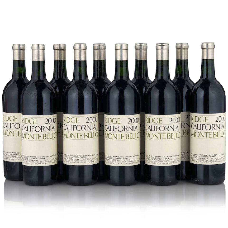 Ridge Monte Bello, 2000 (10 bottles, 750ml): Ridge Monte Bello, 2000 (10 bottles, 750ml) Region: Santa Cruz Mountains Fill Level: bottom neck or better Label: five lightly wrinkled Footnotes: California This lot is subject to the following lot