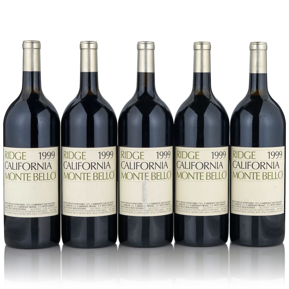 Ridge Monte Bello, 1999 (5 bottles, 1.5L): Ridge Monte Bello, 1999 (5 bottles, 1.5L) Region: Santa Cruz Mountains Fill Level: four very top shoulder, one into neck Label: one worn with light loss Footnotes: California This lot is subject to
