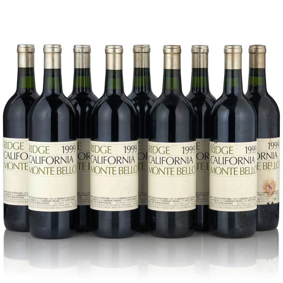 Ridge Monte Bello, 1999 (9 bottles, 750ml): Ridge Monte Bello, 1999 (9 bottles, 750ml) Region: Santa Cruz Mountains Fill Level: bottom neck or better Label: three stained, one discolored, two with losses Footnotes: California This lot is