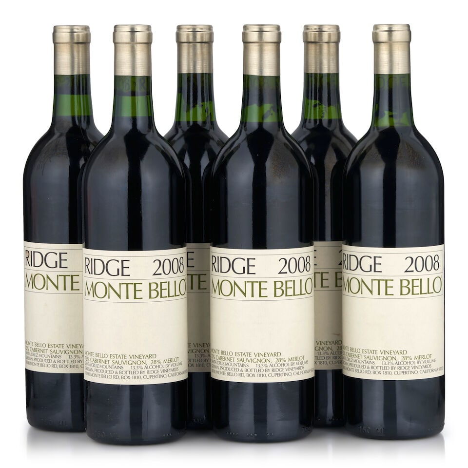 Ridge Monte Bello, 2008 (6 bottles, 750ml): Ridge Monte Bello, 2008 (6 bottles, 750ml) Region: Santa Cruz Mountains Footnotes: California This lot is subject to the following lot symbols: • • Zero rated for tax, no tax will be added