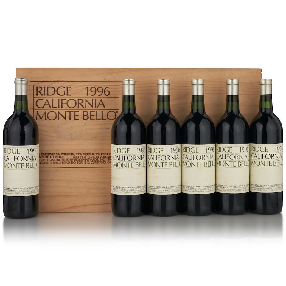 Ridge Monte Bello, 1996 (6 bottles, 750ml): Ridge Monte Bello, 1996 (6 bottles, 750ml) Region: Santa Cruz Mountains Fill Level: bottom neck or better Packaging: original wooden case Footnotes: California This lot is subject to the following