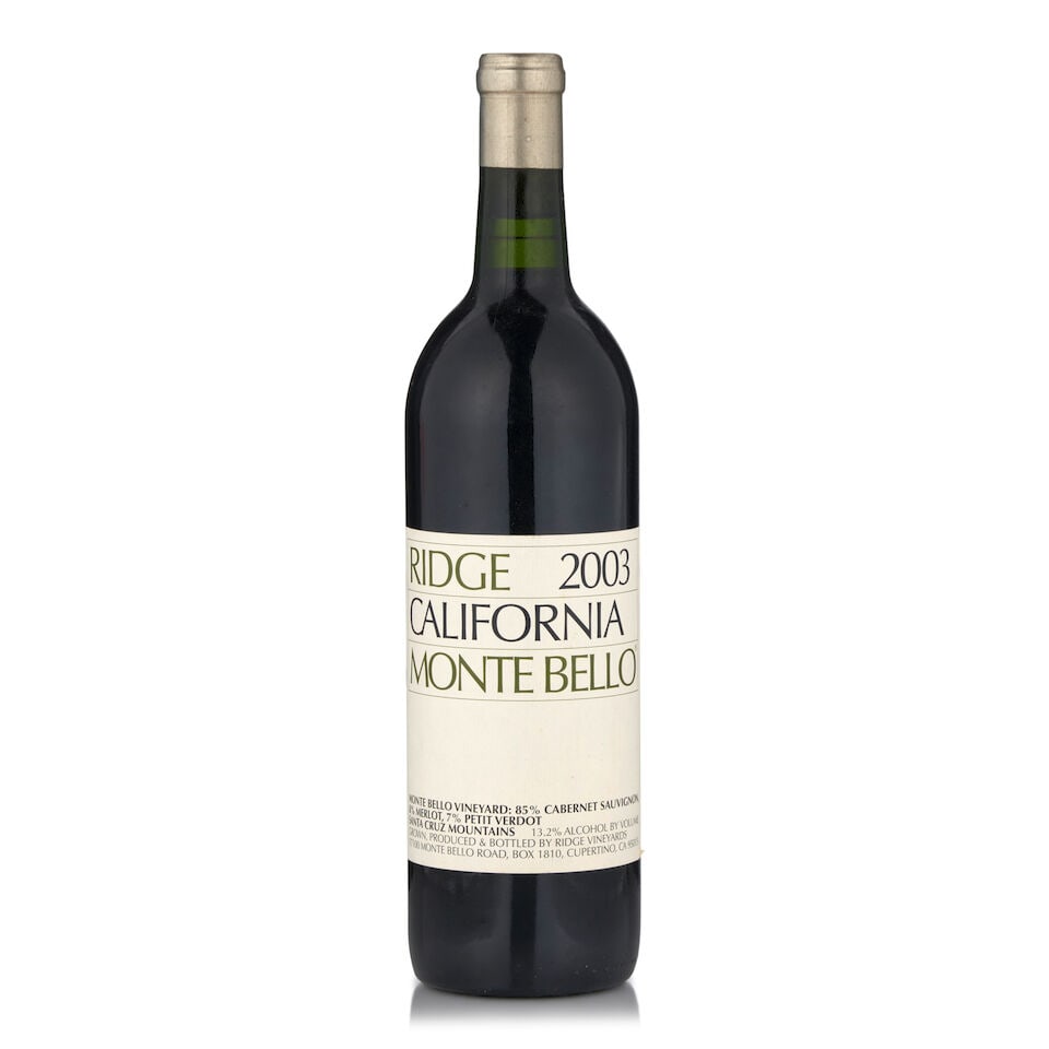 Ridge Monte Bello, 2003 (1 bottle, 750ml): Ridge Monte Bello, 2003 (1 bottle, 750ml) Region: Santa Cruz Mountains Fill Level: into neck Footnotes: California This lot is subject to the following lot symbols: • • Zero rated for