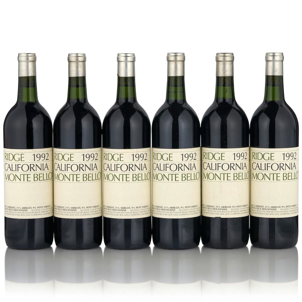 Ridge Monte Bello, 1992 (6 bottles, 750ml): Ridge Monte Bello, 1992 (6 bottles, 750ml) Region: Santa Cruz Mountains Fill Level: three bottom neck, three very top shoulder Capsule: one nicked Label: one lightly scuffed and nicked Footnotes: Cali