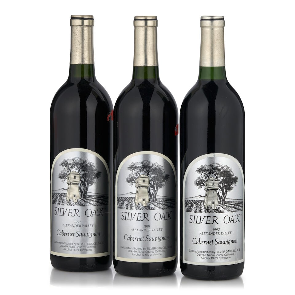 Silver Oak Cabernet Sauvignon Alexander Valley, 1992 (1 bottle, 750ml) Silver Oak Cabernet Sauv...: Silver Oak Cabernet Sauvignon Alexander Valley, 1992 (1 bottle, 750ml) Region: Sonoma Fill Level: bottom neck Silver Oak Cabernet Sauvignon Alexander Valley, 1991 (2 bottles, 750ml) Region: Sonoma Fil