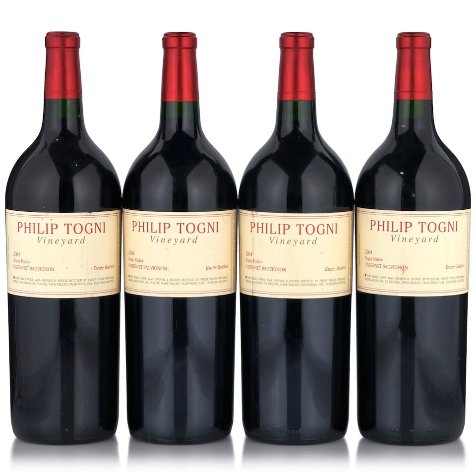 Philip Togni Cabernet Sauvignon, 2004 (4 bottles, 1.5L): Philip Togni Cabernet Sauvignon, 2004 (4 bottles, 1.5L) Region: Napa Valley Fill Level: into neck Label: one lightly nicked, two bin stained Footnotes: California This lot is subject to the following
