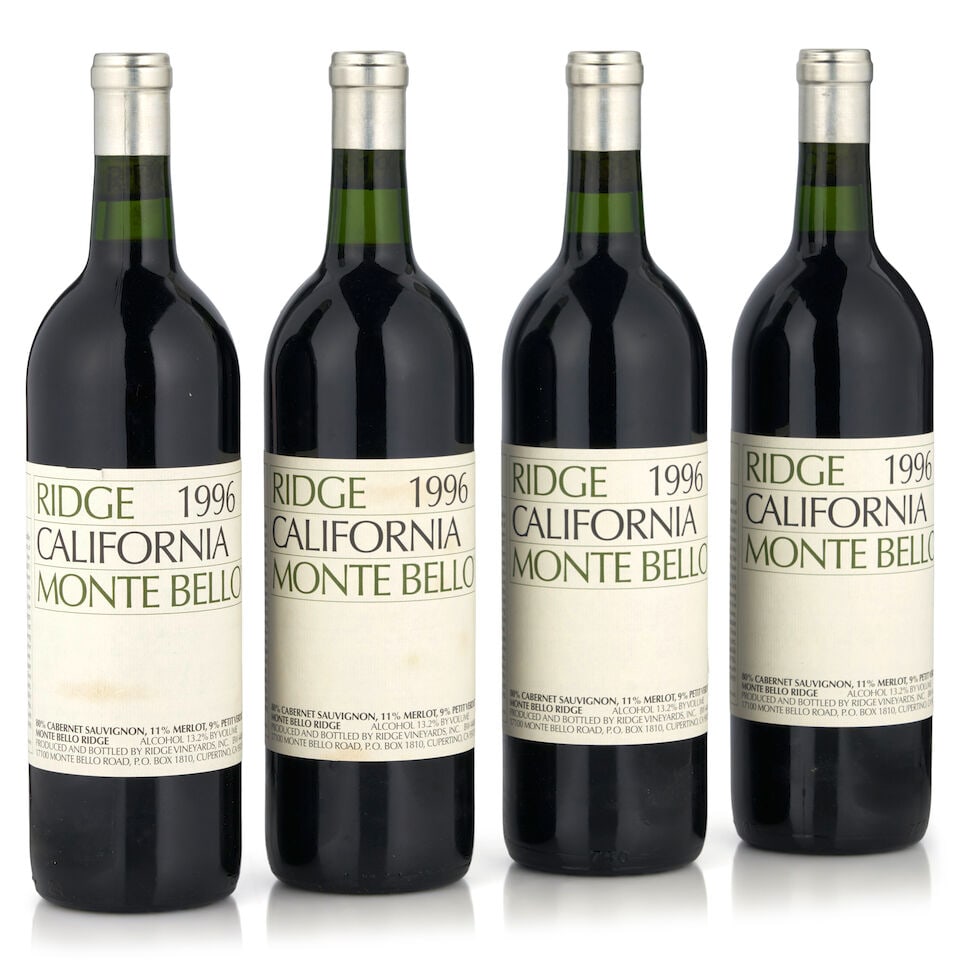 Ridge Monte Bello, 1996 (4 bottles, 750ml): Ridge Monte Bello, 1996 (4 bottles, 750ml) Region: Santa Cruz Mountains Fill Level: bottom neck or better Label: lightly bin soiled, one nicked Footnotes: California This lot is subject to the