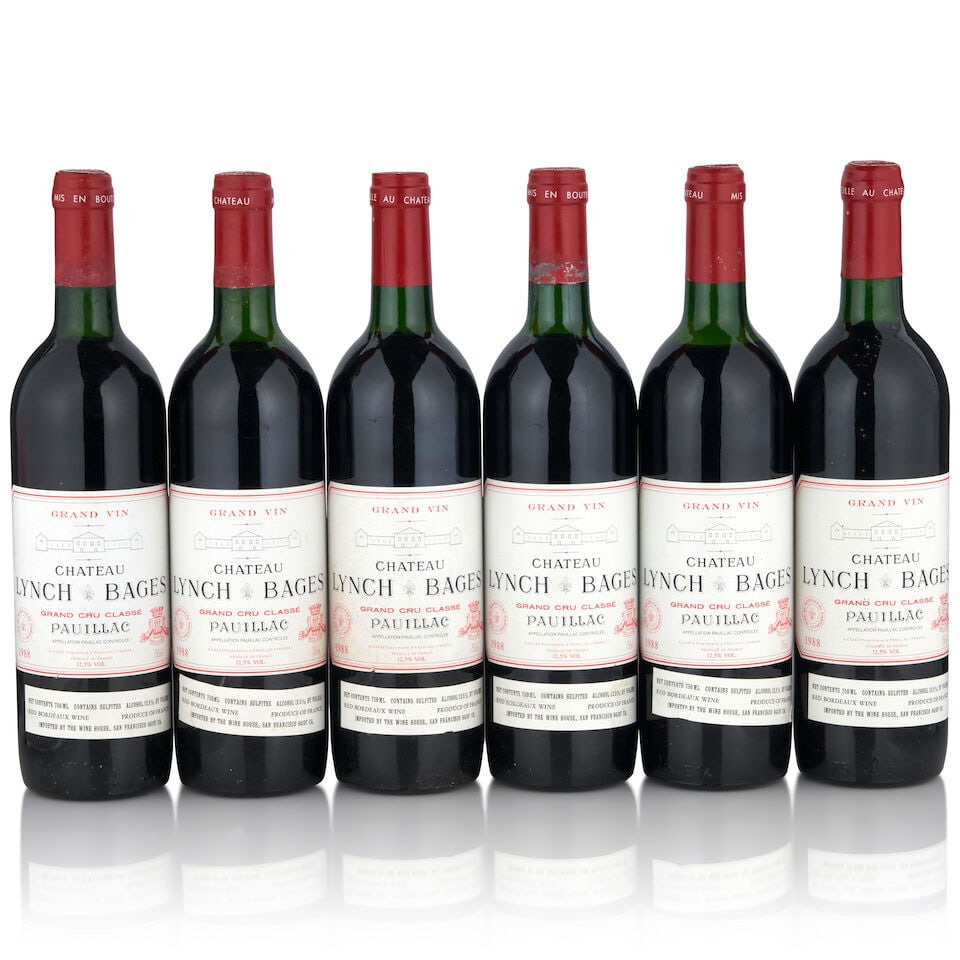 Chateau Lynch Bages, 1988 (6 bottles, 750ml): Chateau Lynch Bages, 1988 (6 bottles, 750ml) Region: Pauillac Fill Level: three very top shoulder, three top shoulder Capsule: scuffed, worn, lightly oxidized Label: one lightly
