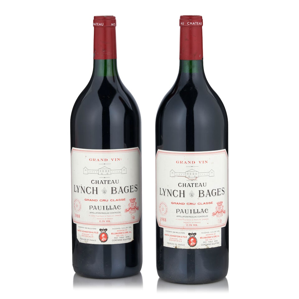 Chateau Lynch Bages, 1988 (2 bottles, 1.5L): Chateau Lynch Bages, 1988 (2 bottles, 1.5L) Region: Pauillac Fill Level: bottom neck Capsule: scuffed, bin marked Label: one lightly scuffed Footnotes: Bordeaux, Left Bank This lot is subject to the